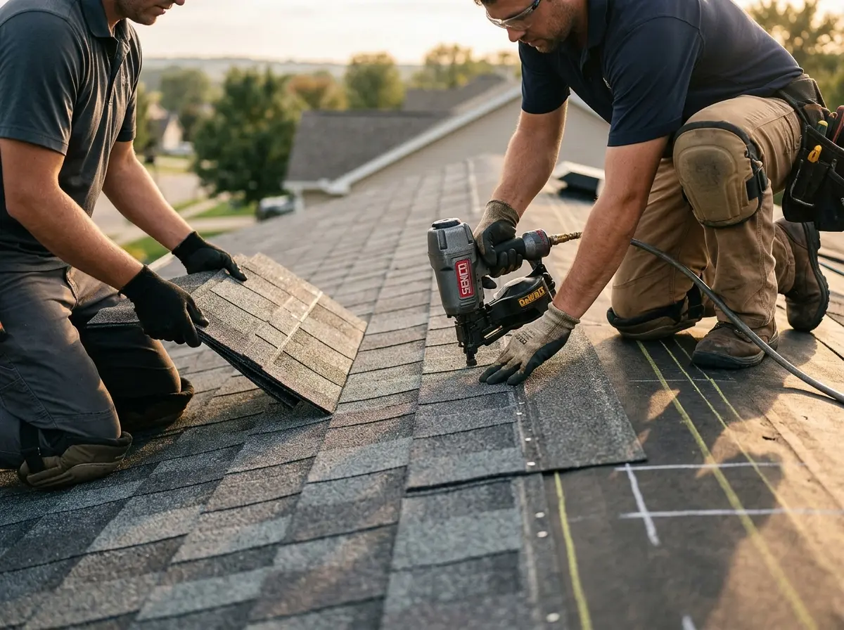Professional roofer working on a residential roof in South Beloit